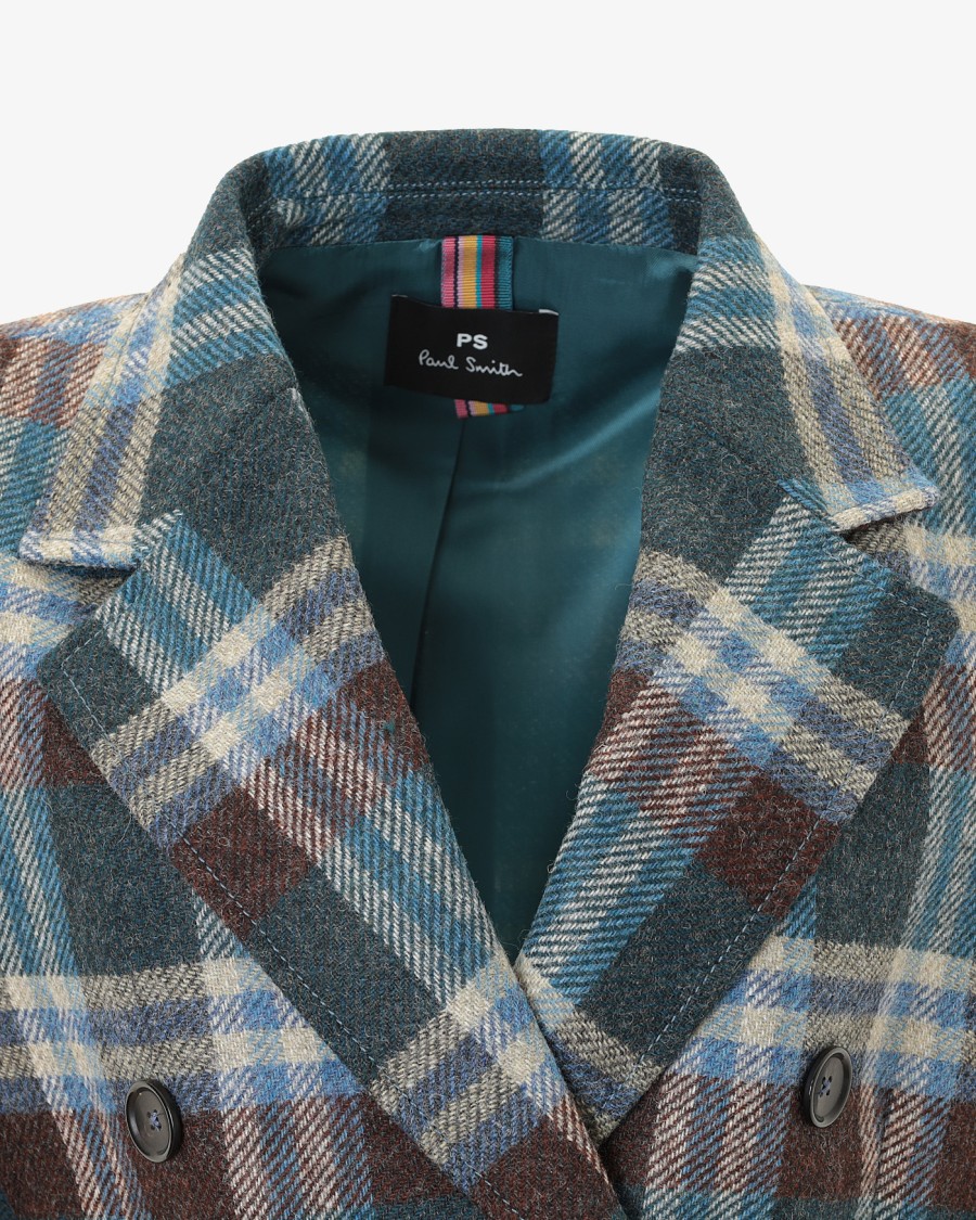 Paul Smith Double-breasted Green Check Pattern Long Coat In Gray