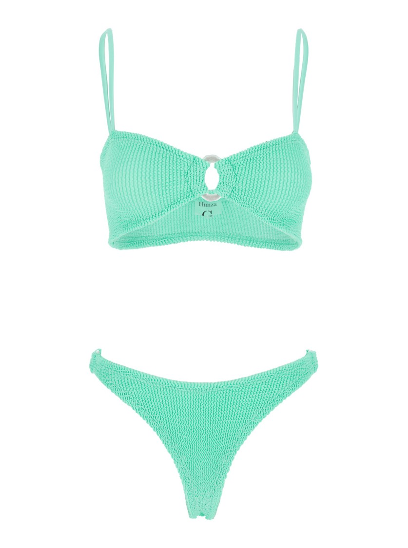 Hunza G Misty Faux Pearl-embellished Seersucker Bikini In Green
