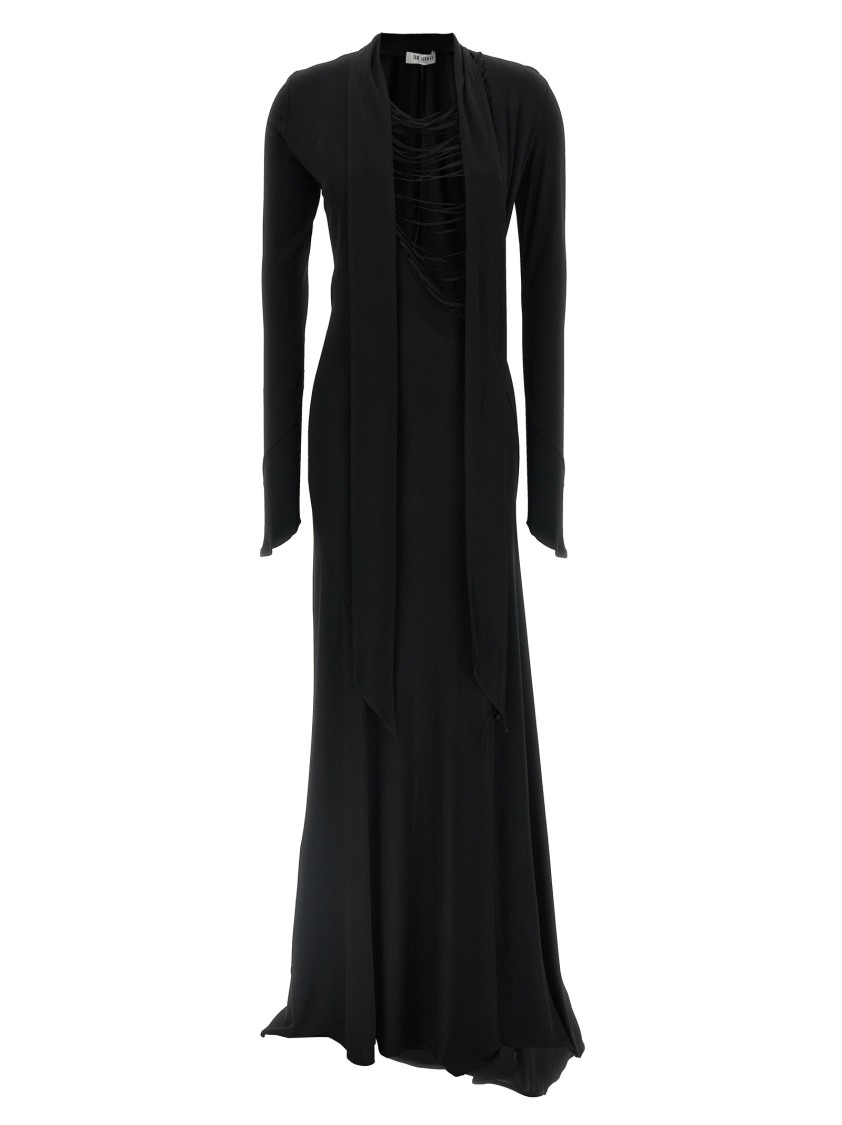Attico Asymmetrical V-neck Dress With Flared Train In Black