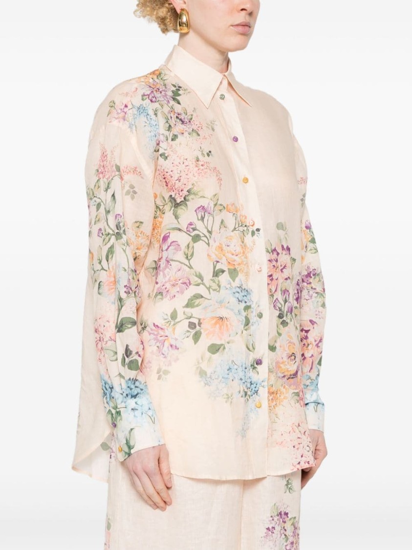 Shop Zimmermann Beige Lightweight Floral Print Semi-transparent Ramie Shirt In Neutrals