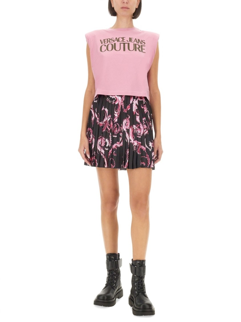 Versace Jeans Couture Pleated Mini Skirt With Vibrant Pattern In Multicolor