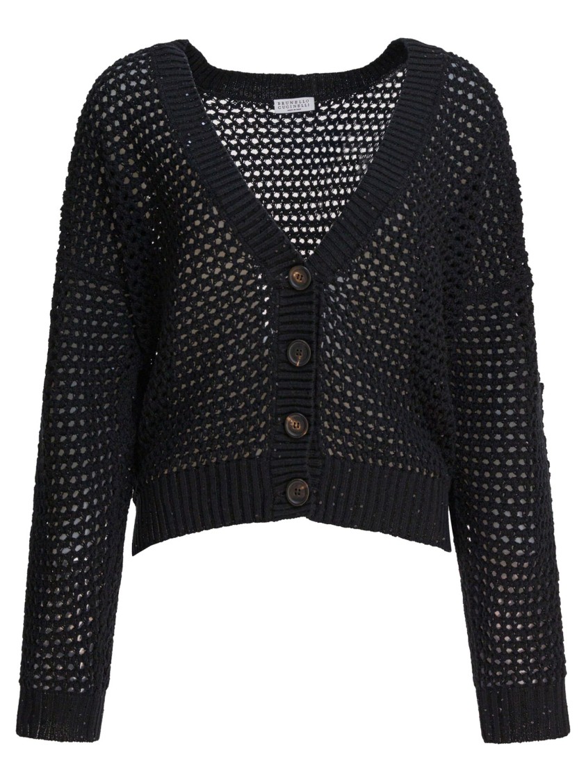 Brunello Cucinelli Open-weave Black Knitwear Cardigan With V-neckline In Black