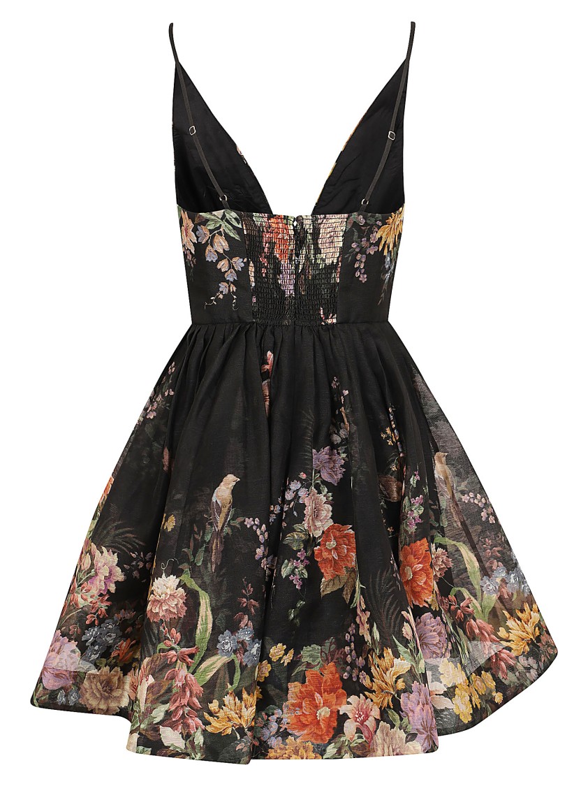 Zimmermann Pavilion Pleated Floral-print Linen And Silk-blend Mini Dress In Black