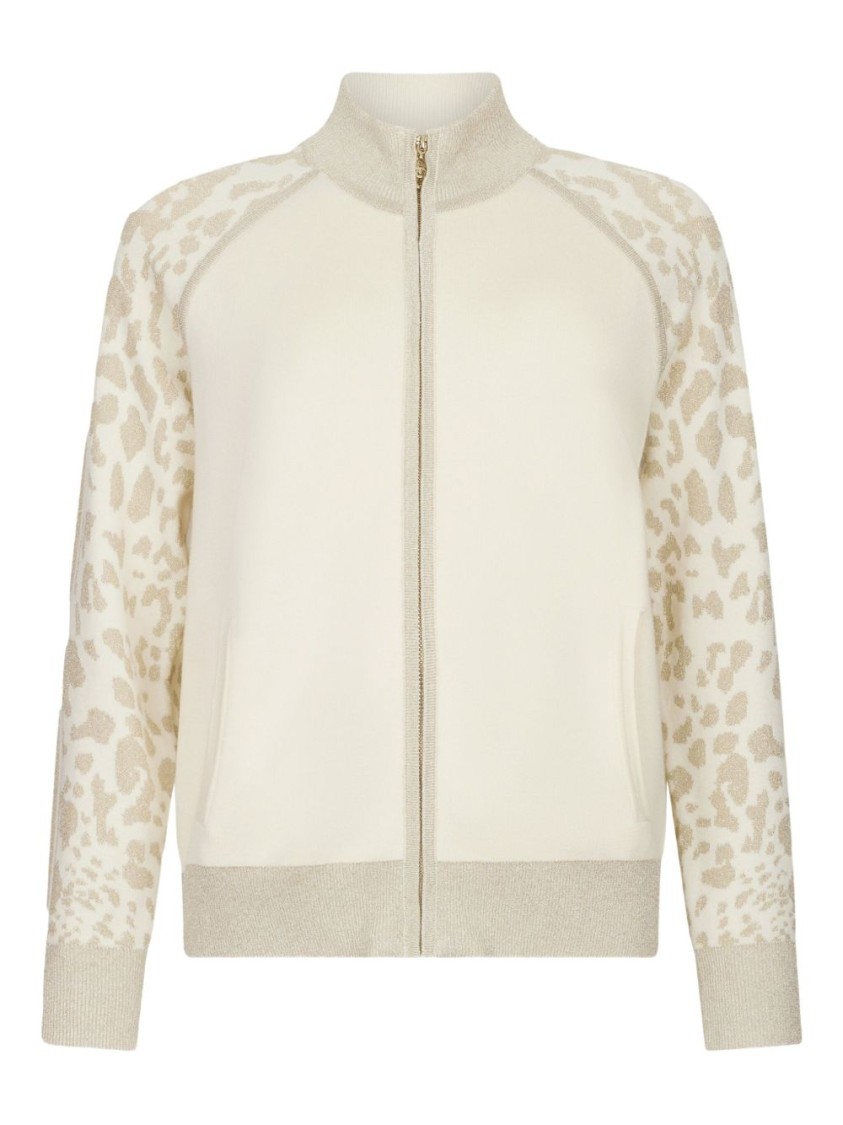Liu •jo Liu Jo High Collar Zip-up Sweater With Subtle Leopard Print Detail In White