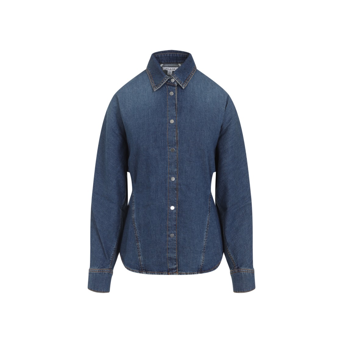 Alaïa Mineral Blue Cotton Curved Shirt With Pointed Collar In Blue