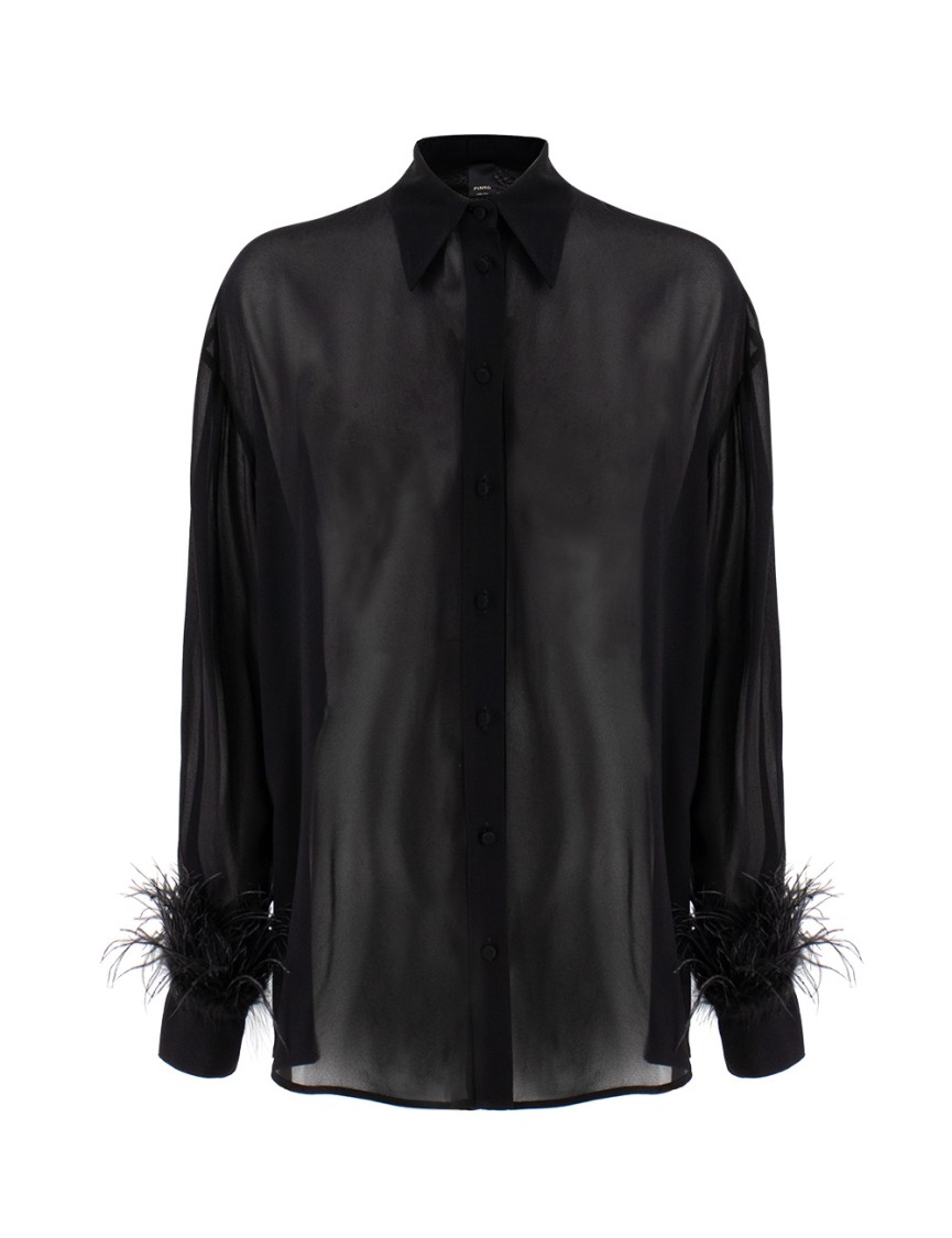 PINKO PINKO BLACK VISCOSE GEORGETTE BLOUSE WITH FEATHER-TRIMMED CUFFS