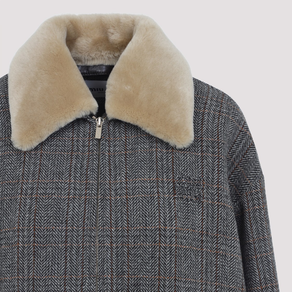 Miu Miu Grey Shearling-collared Jacket With Classic Check Pattern In Gray