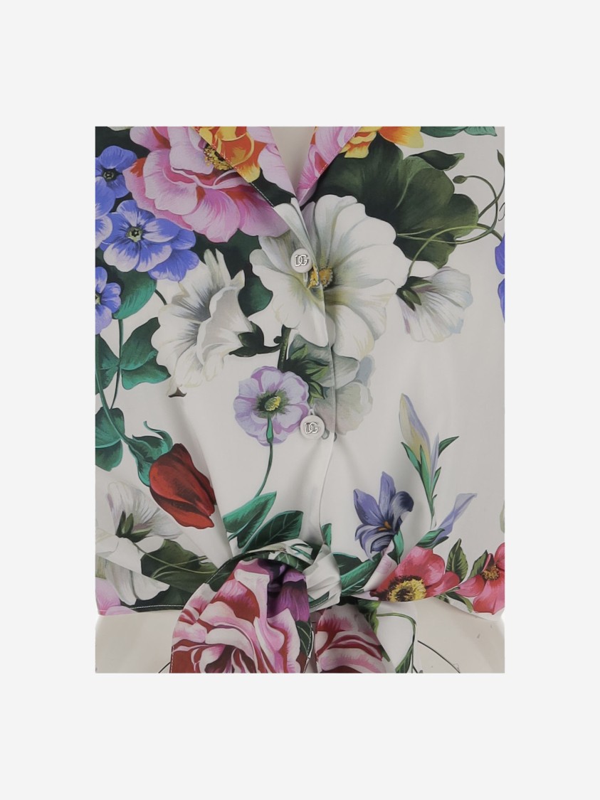 Dolce & Gabbana Multicolor Crop Shirt With All-over Floral Motif And Logo Lettering Detail On The Front In Cotton Wo In Multicolor