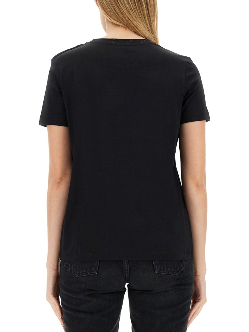 Balmain Black Crewneck T-shirt With Logo Print And Golden Buttons In Jersey Woman
