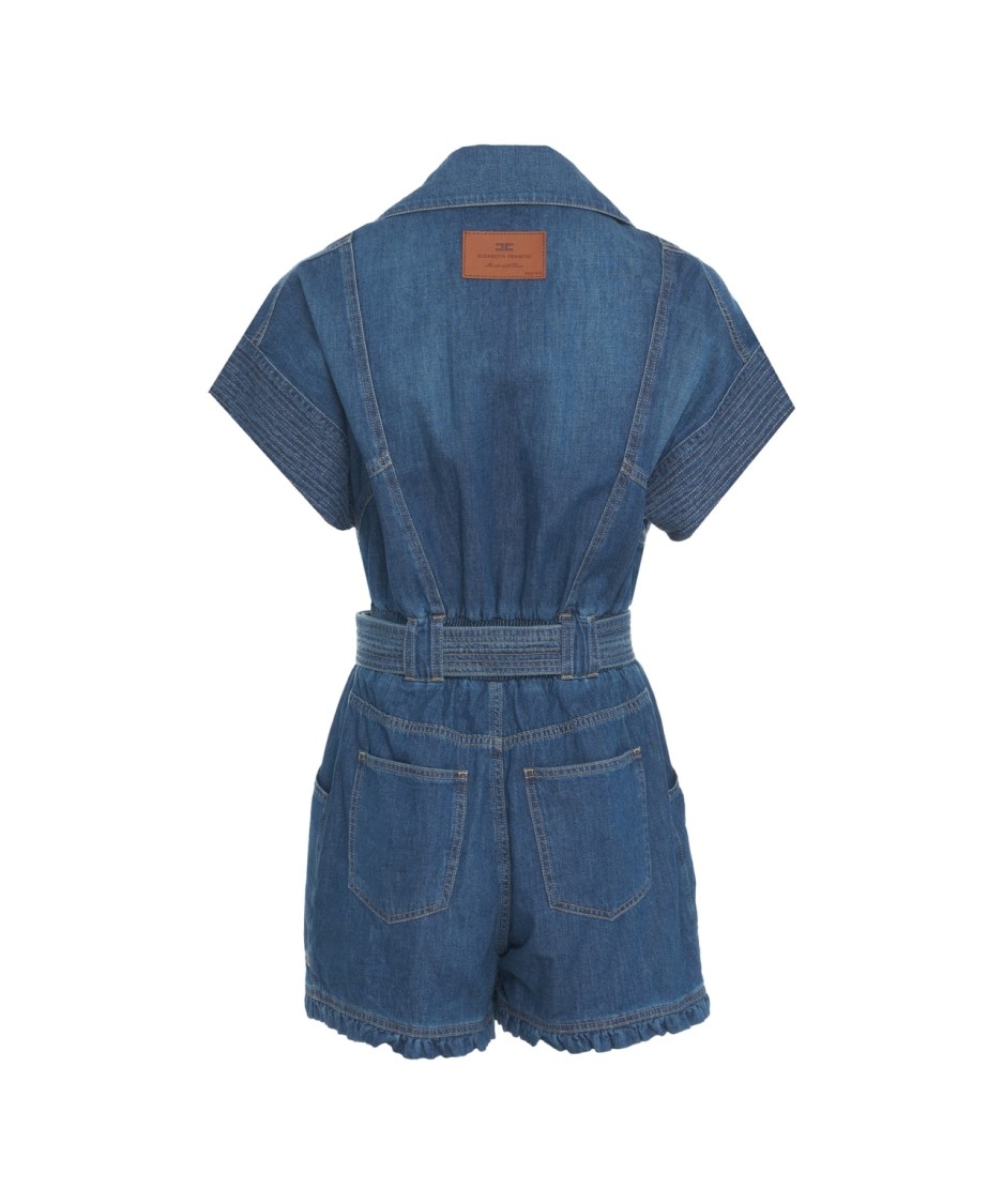 Elisabetta Franchi Mc Short Denim Monkey With Belt Detail In Blue