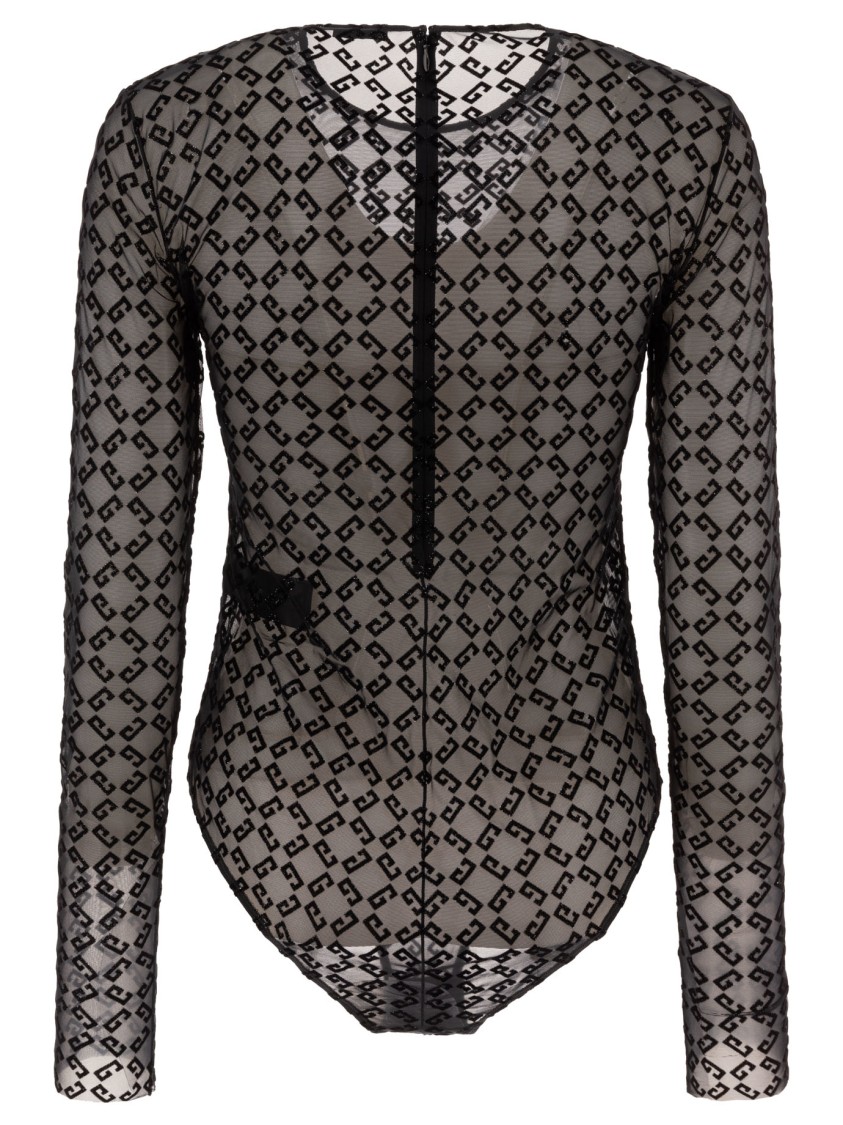 Givenchy Flocked Velvet Monogram Bodysuit In Sheer Tulle In Gray