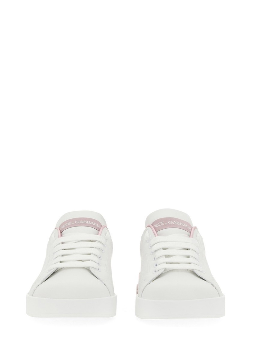 Dolce & Gabbana Portofino White And Pink Low Top Sneakers With Logo In Leather Woman In White