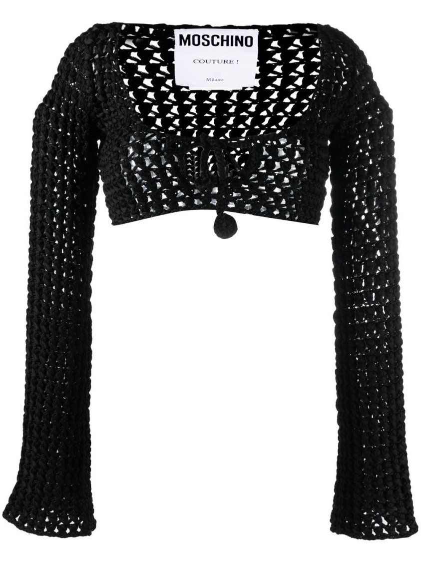 Moschino Cropped Open-knit Blouse With Drawstring Detail In Black