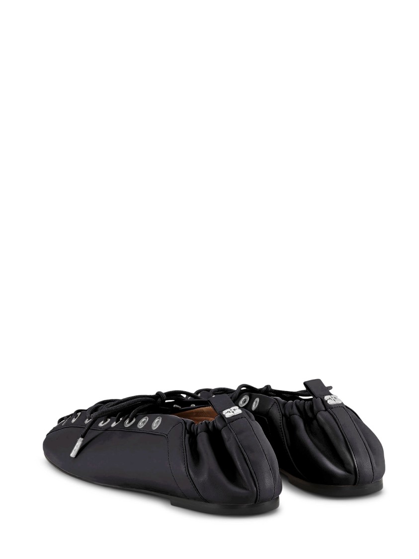 Ganni Eyelets Lace-up Ballerina Flats With Crinkle Oleatex Finish In Black