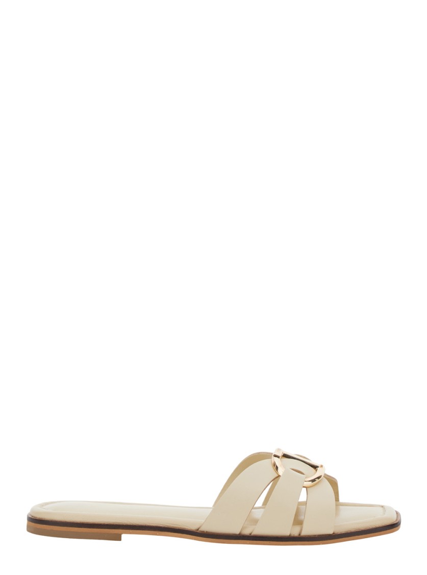 Shop Twinset Twin-set Beige Sandals With Logo Plaque
