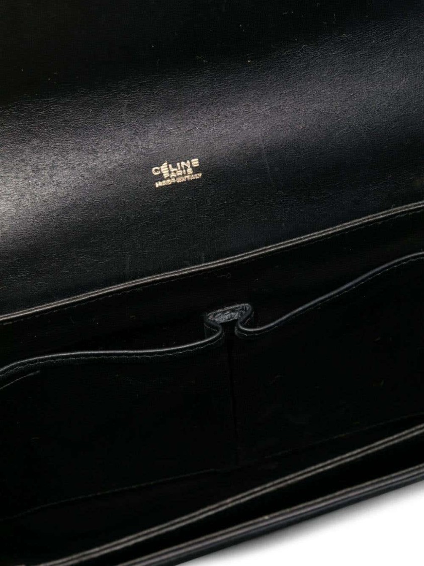 CELINE CELINE BLACK LEATHER CARRIAGE LOGO FLAP SHOULDER BAG