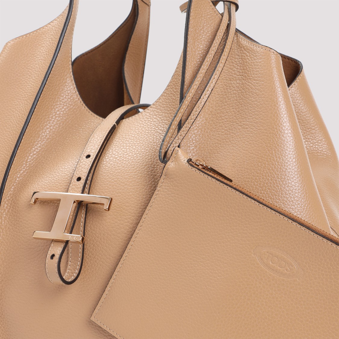 Tod's T Timeless Beige Grained Leather Shoulder Bag In Brown