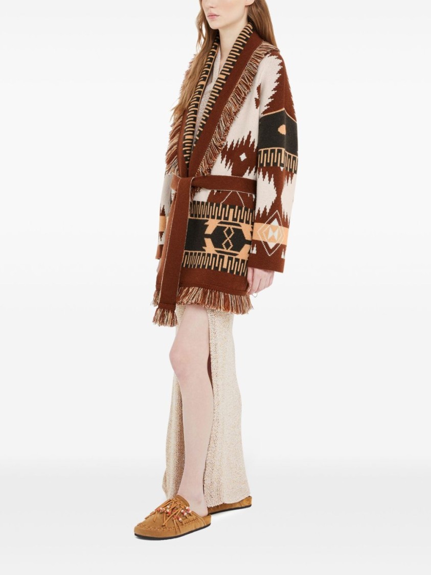 Alanui Geometric Pattern Cashmere Sweater With Fringed Hem In Brown