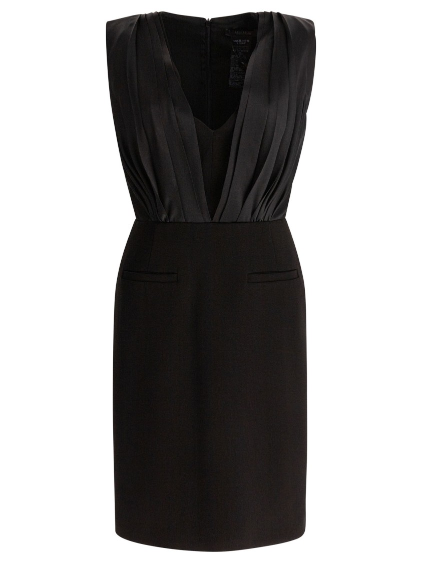 Max Mara Deep V-neck Dress With Pleated Bodice In Black