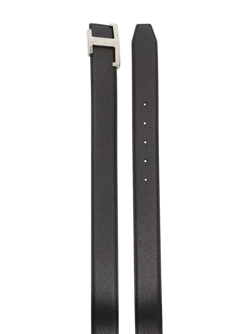 Tod's Textured Black Belt With Prominent T-shaped Buckle In Black