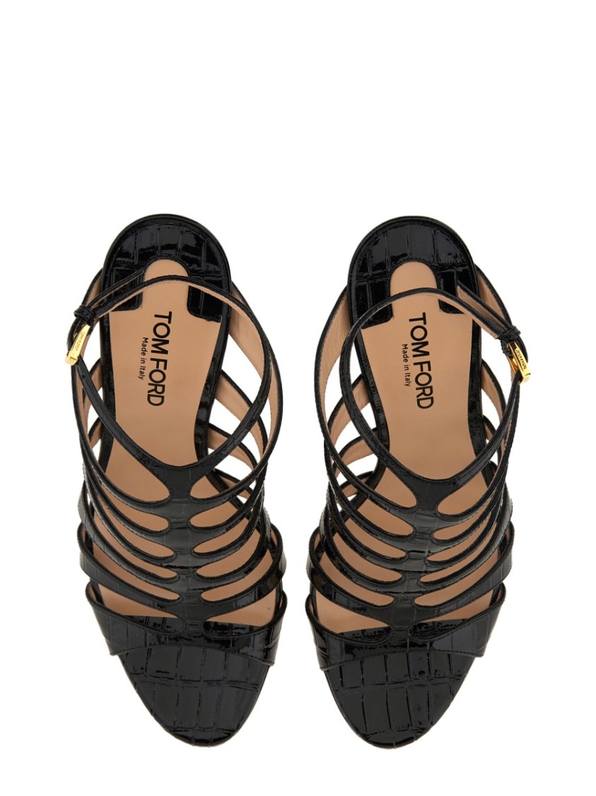 Tom Ford Carine Croc-effect Patent-leather Sandals In Black