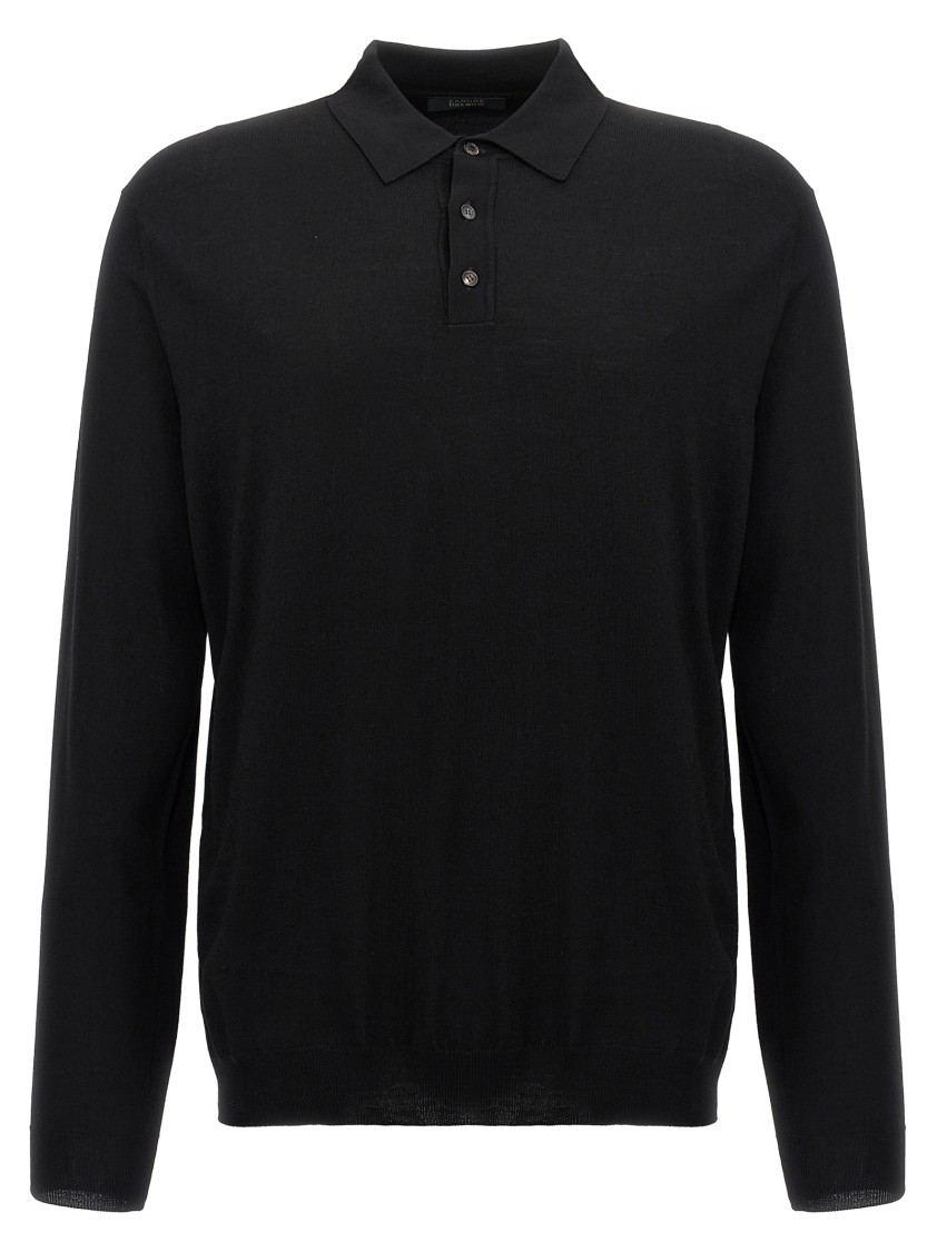Zanone Wool Knit Polo Shirt With Cuffed Sleeves And Subtle Ribbing In Black