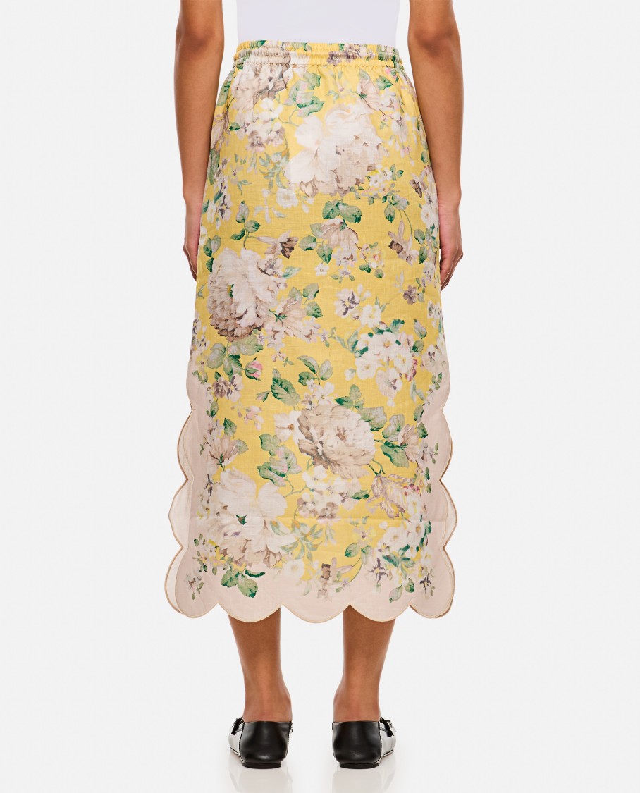 Zimmermann Acacia Scalloped Floral-print Linen Midi Skirt In Multicolor