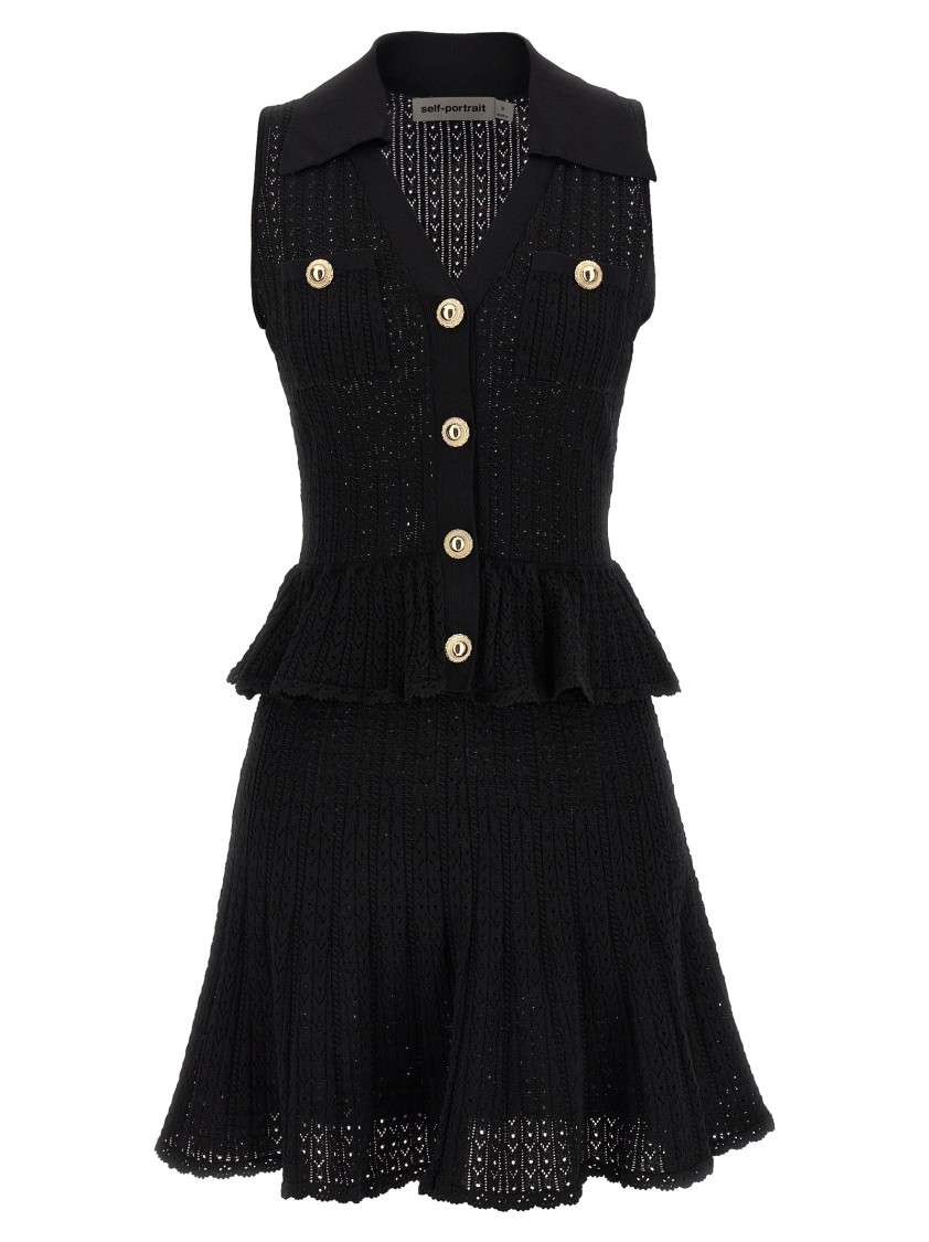 Self-portrait Pointelle-knit Sleeveless Mini Dress In Black