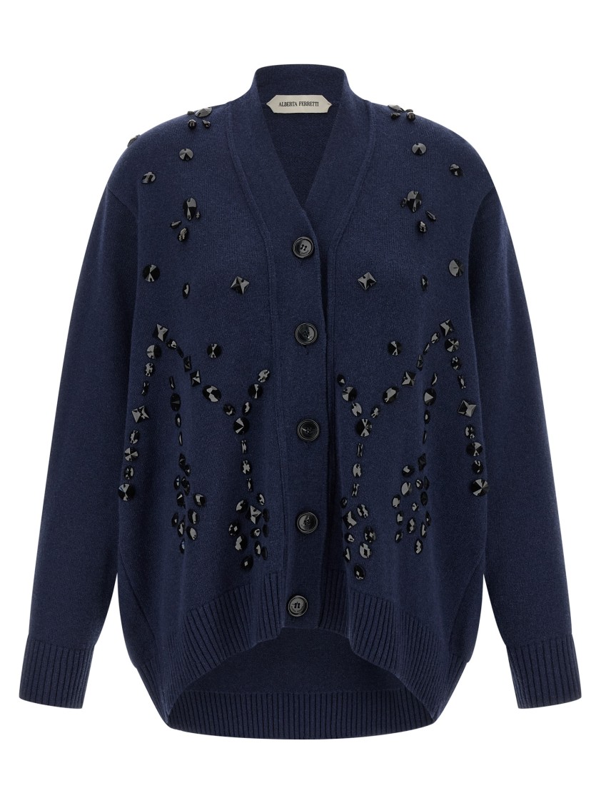 Alberta Ferretti V-neck Cashmere And Silk Blend Cardigan With Crystal Embroidery In Blue