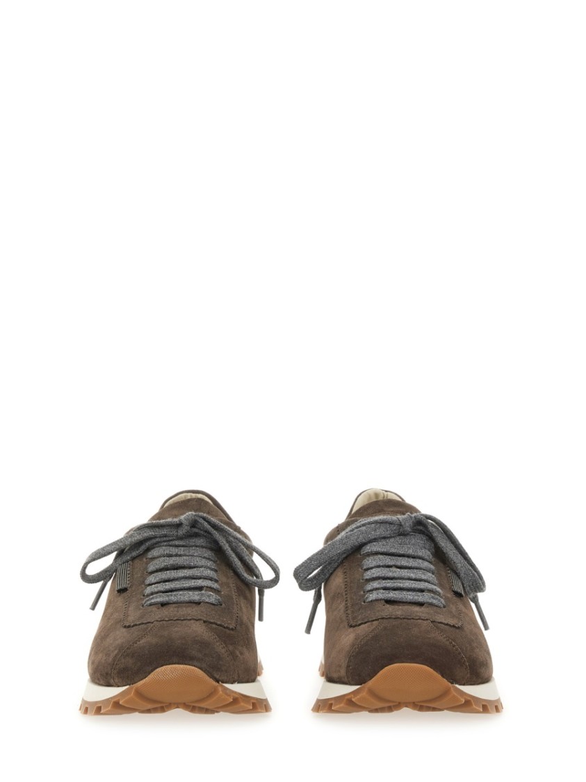 Brunello Cucinelli Brown Low Top Sneakers With Monil Detail On The Side And Embossed Logo Lettering On The Rear In Leat In Gray