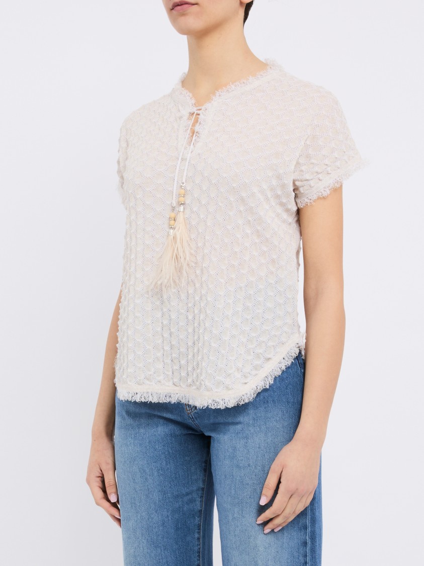 Kangra Cashmere Ecru Cotton Blend Short-sleeved Sweater