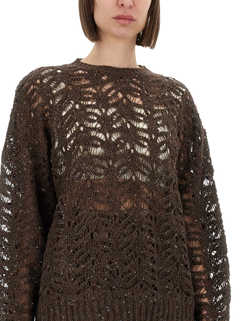 Brunello Cucinelli Foliage Lace Linen And Silk Diamond Knit In Black