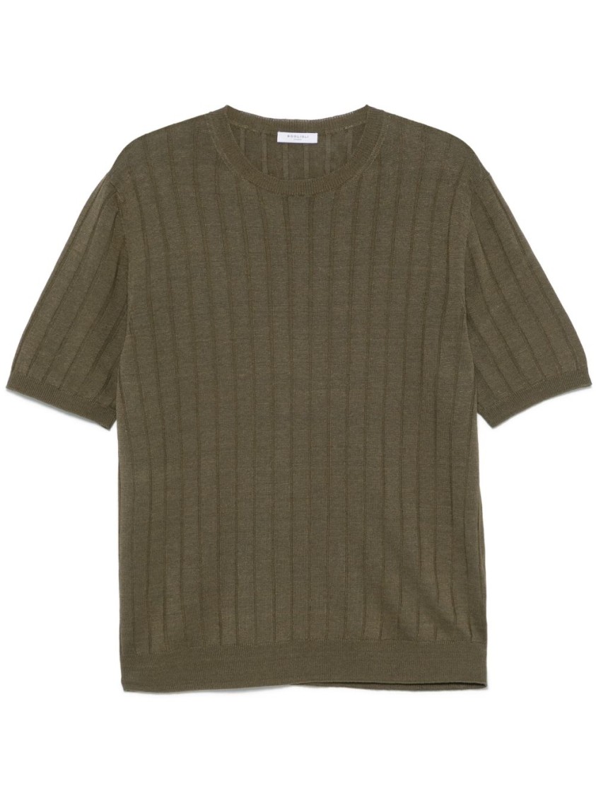 Boglioli Crewneck Green Flat-ribbed Linen In Green
