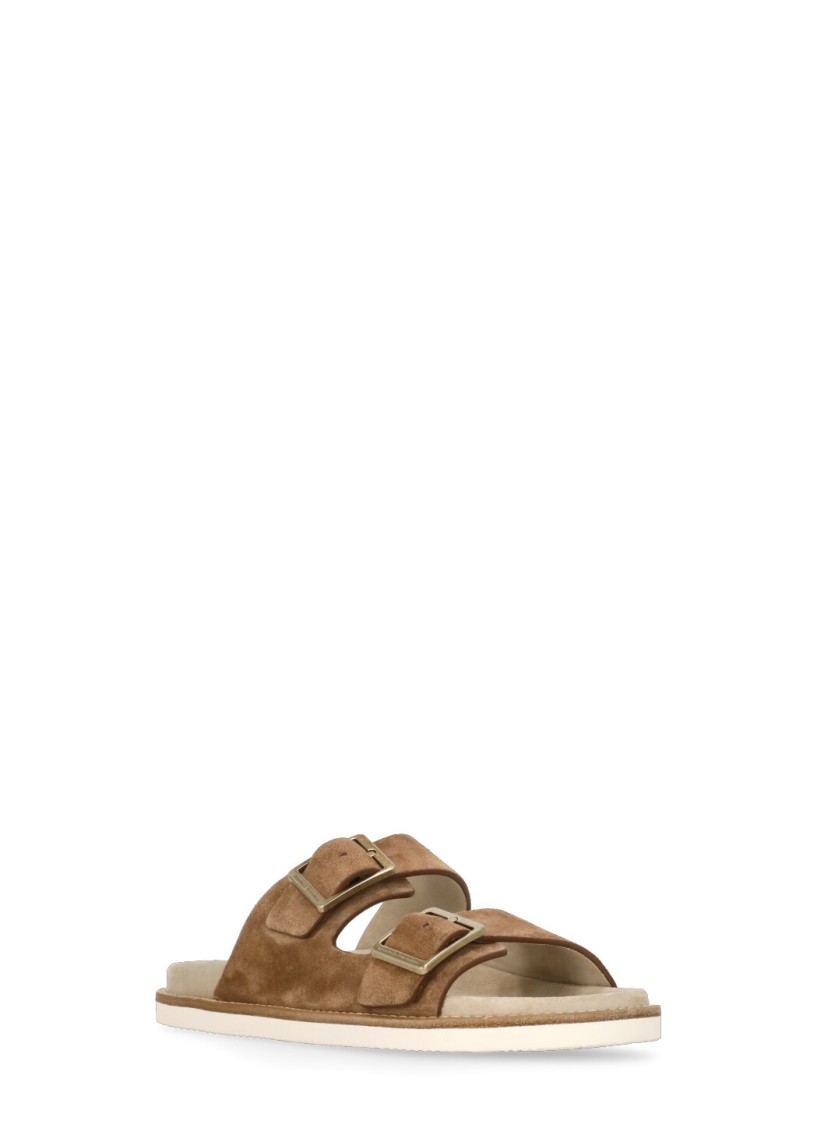 Brunello Cucinelli Men's Beige Suede Leather Sandals With Decorative Buckle Detail