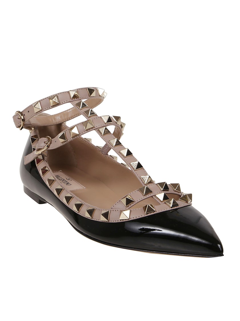 Valentino Rockstud Leather Flat Ballerina Shoes In Black