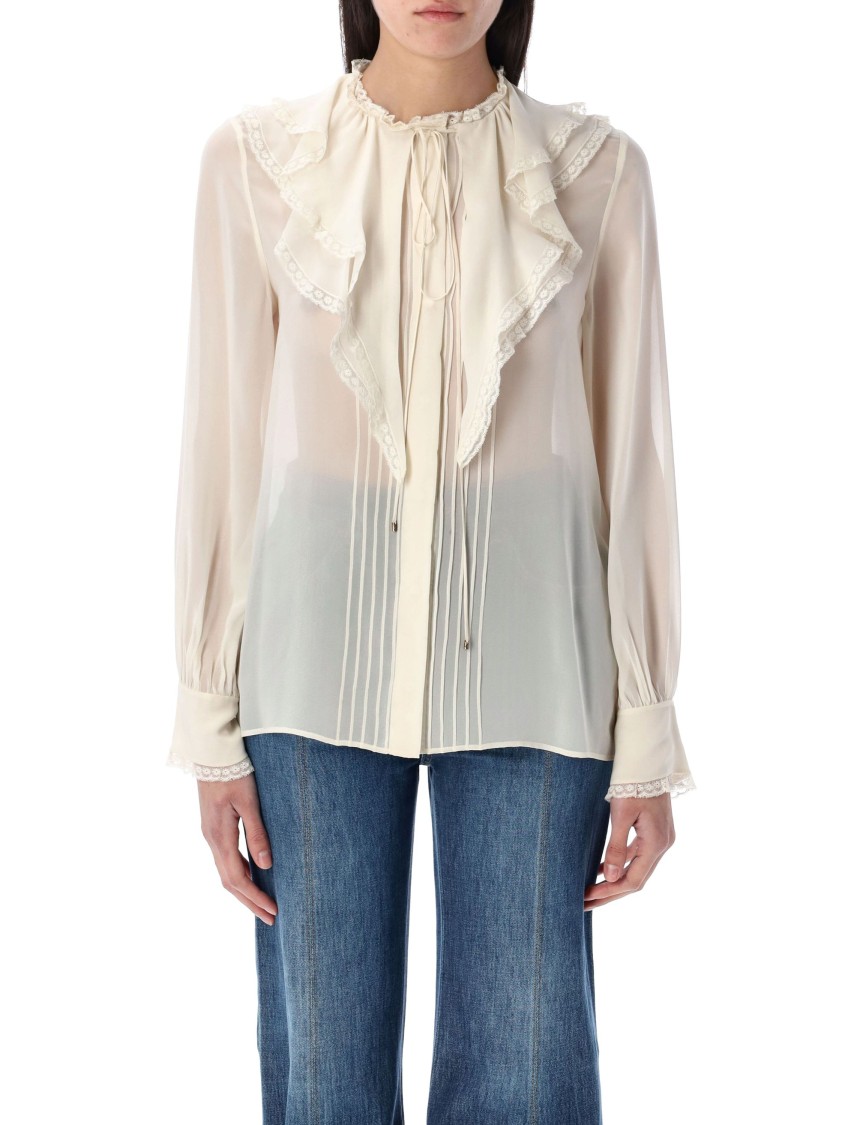 Chloé Lace-trimmed Ruffled Silk Blouse In Neutrals