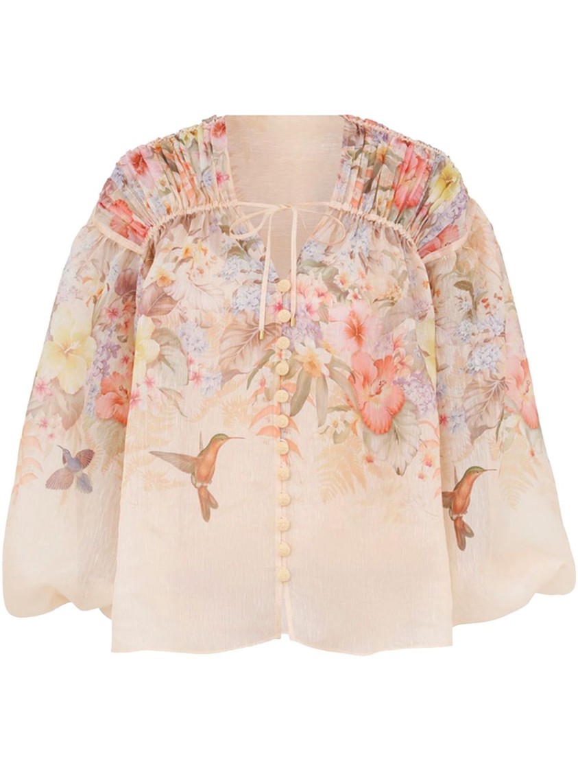 ZIMMERMANN ZIMMERMANN BEIGE LINEN AND SILK BLEND FLORAL BLOUSE 