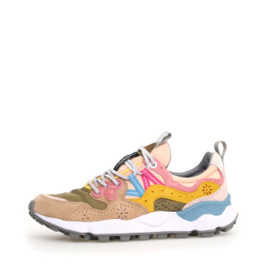 Flower Mountain Yamano In Beige Suede And Olive Green Fabric Sneakers In Multi