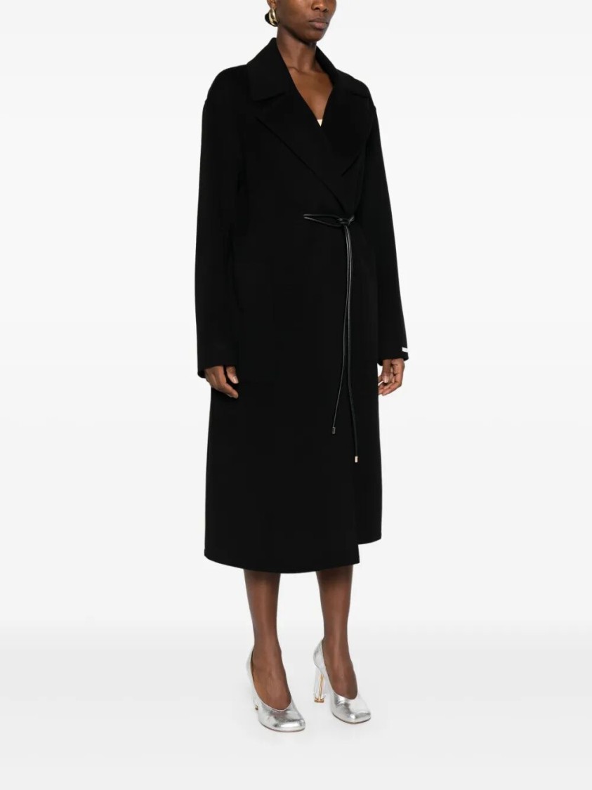 Sportmax Waist Belted Long Coat With Notched Lapels In Black