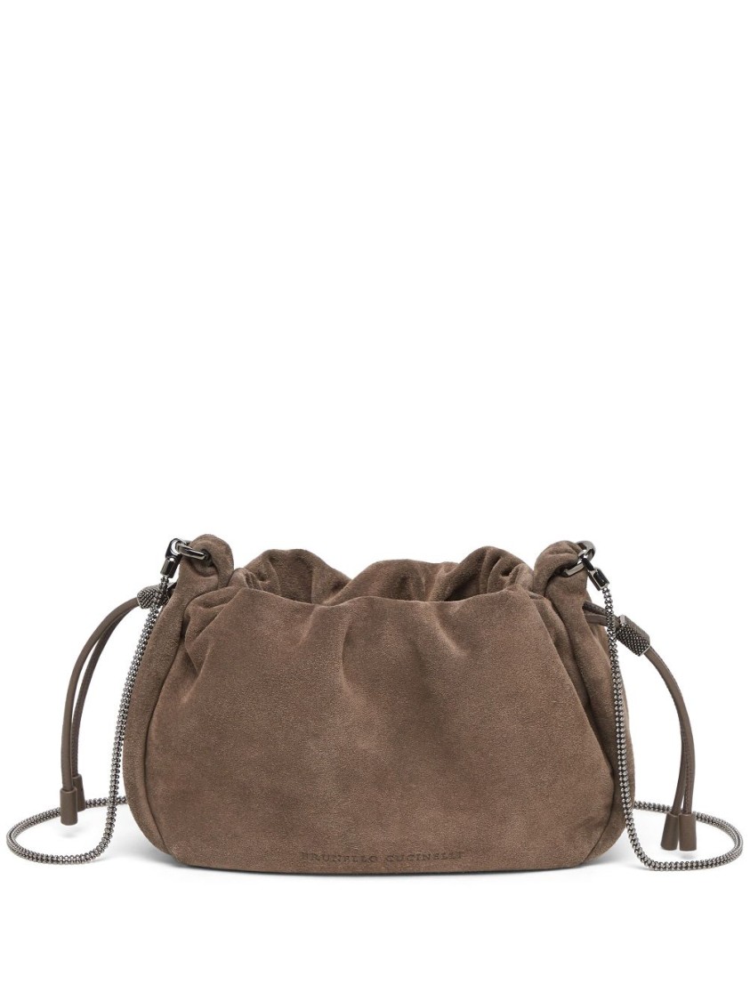 Brunello Cucinelli Soft Suede Drawstring Bag With Chain-link Strap