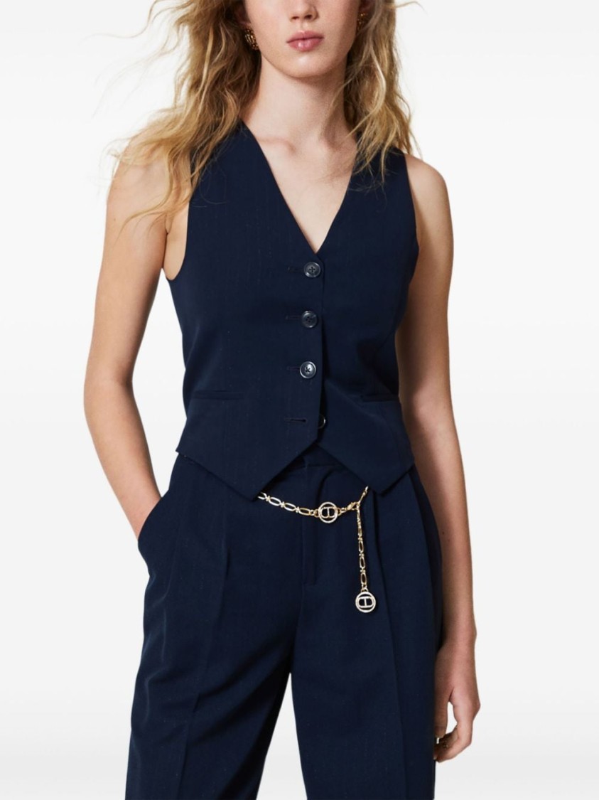 Twinset Lurex-detail Pinstriped Waistcoat In Blue