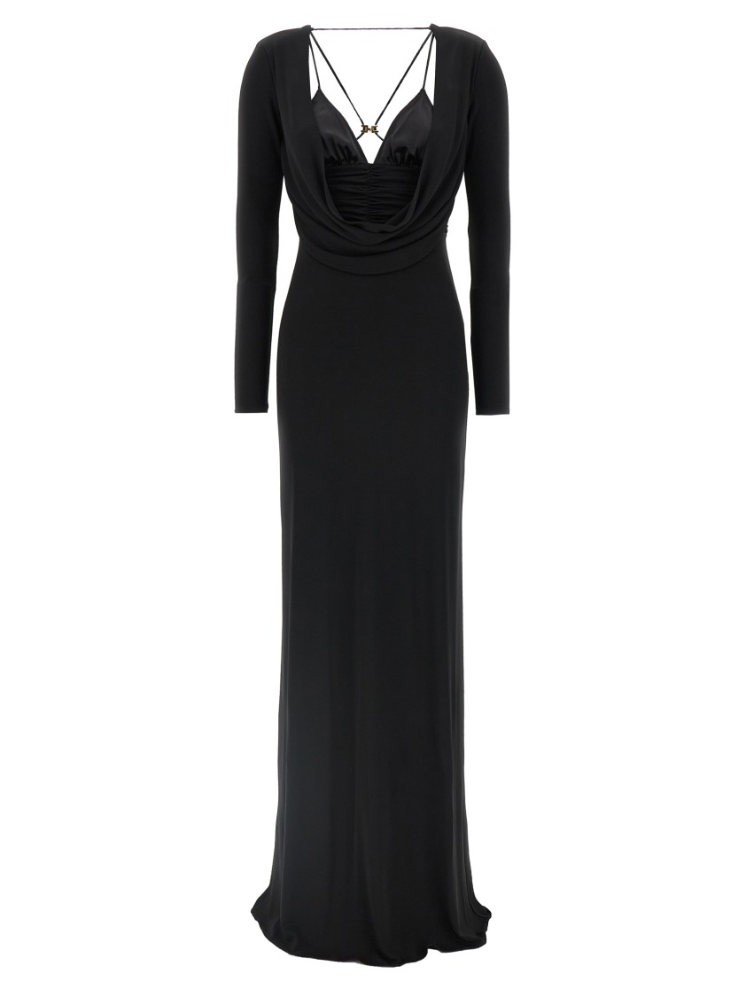 Elisabetta Franchi Draped Black Maxi Dress With Deep Neckline In Black