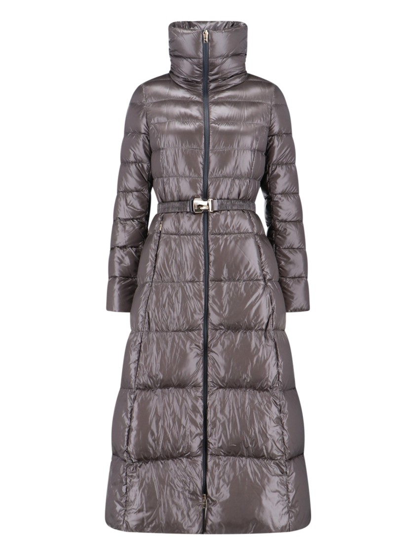 Herno Belted High Collar Long Quilted Shiny Jacket In Gray