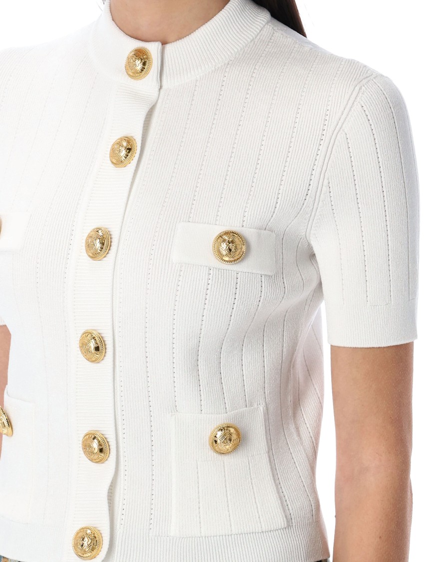 Balmain Short Sleeve Buttoned Pocket Knit Cardigan In White