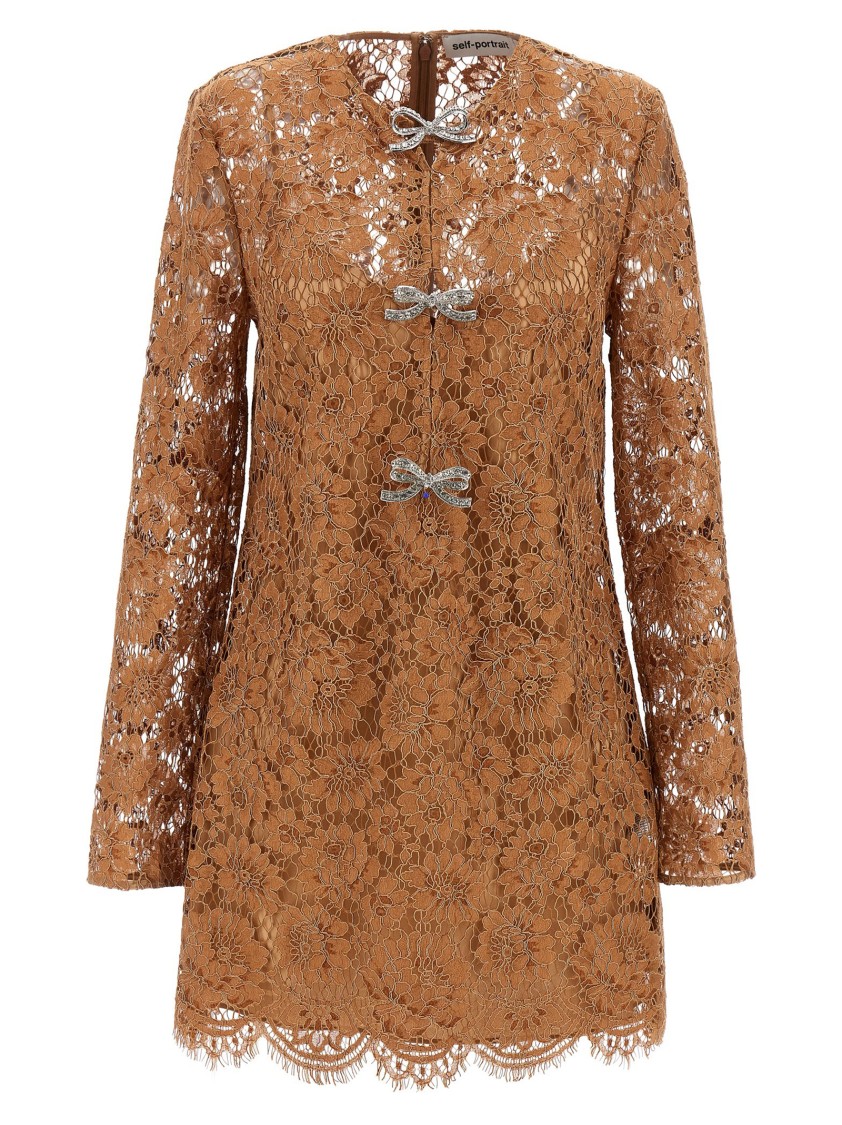 Self-portrait 'tan Lace Bow Mini' Dress In Brown