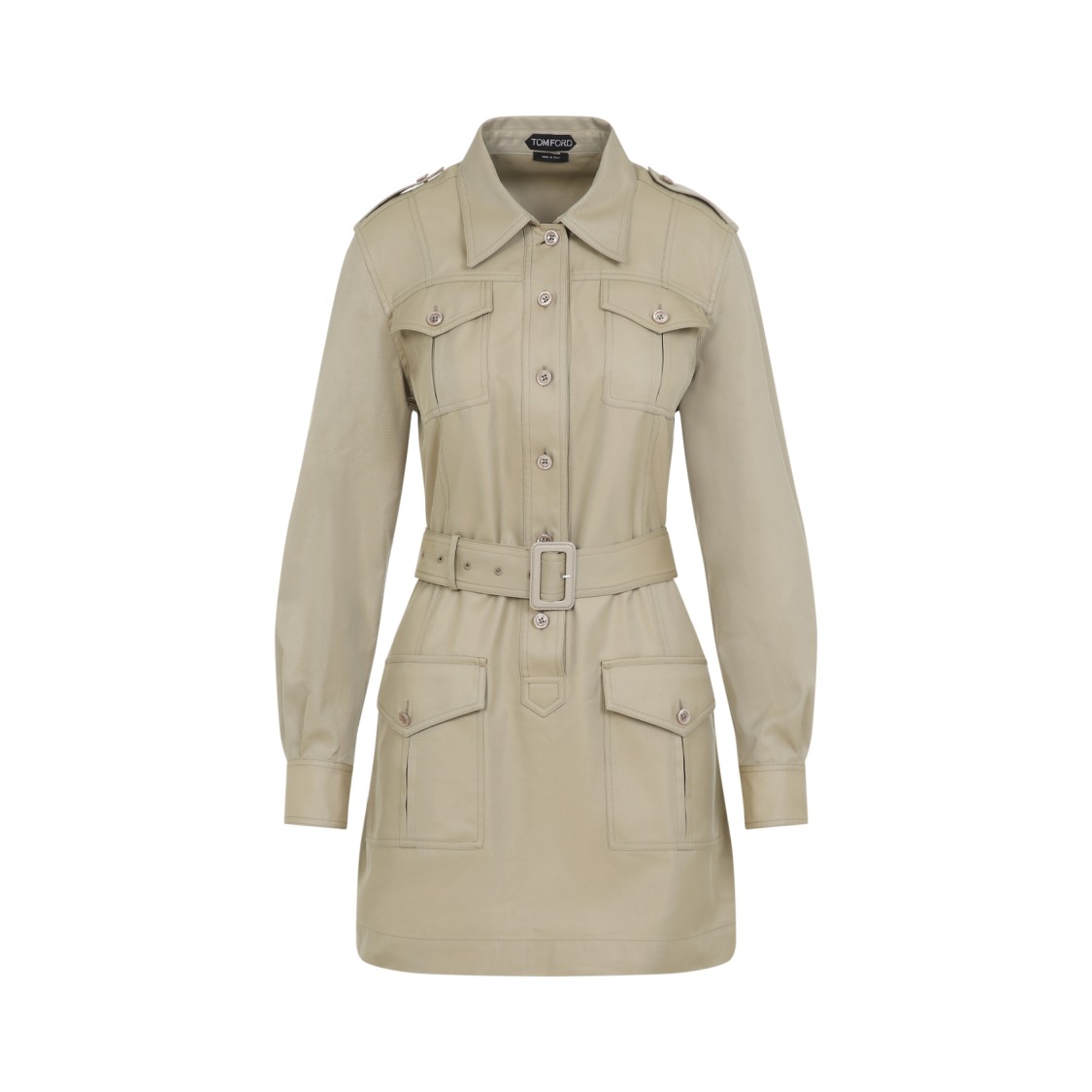 Tom Ford Pale Sage Beige Cotton Safari Mini Dress In Neutrals