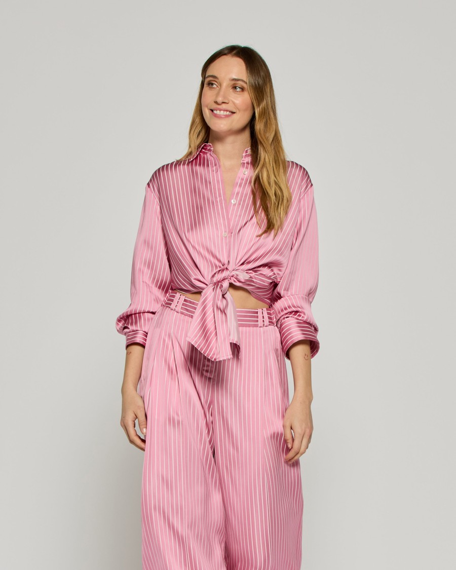 SERENA BUTE SERENA BUTE SATIN STRIPE OPEN BACK SHIRT - PINK 