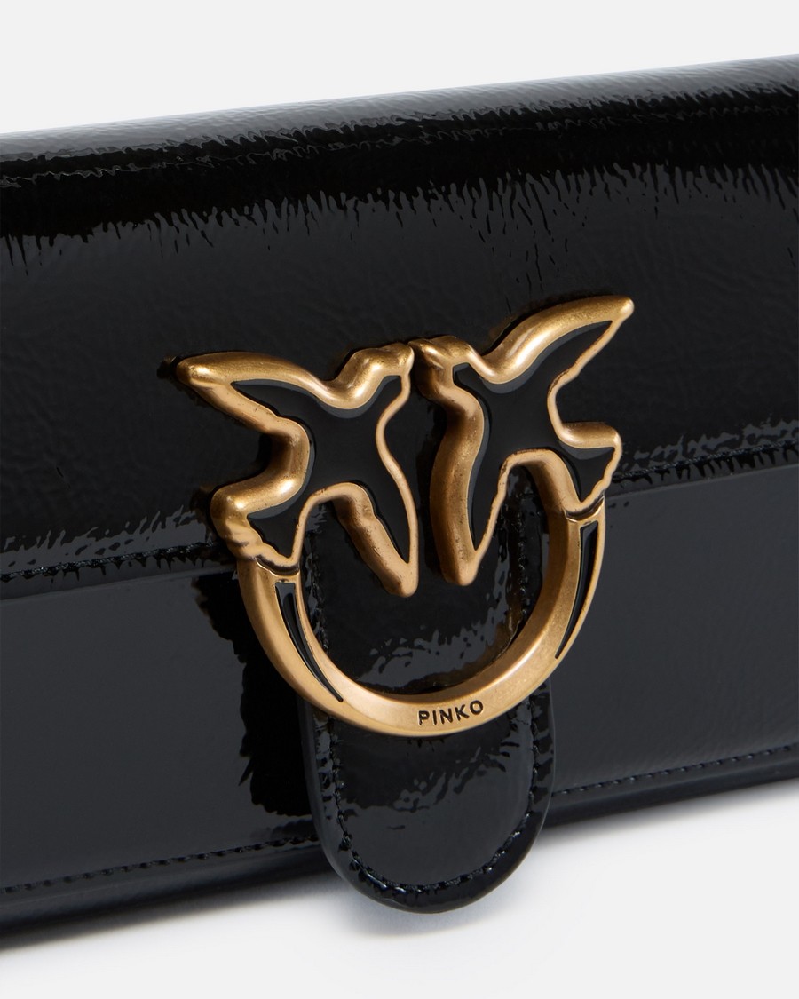 Pinko Glossy Black Shoulder Bag With Gold Emblem