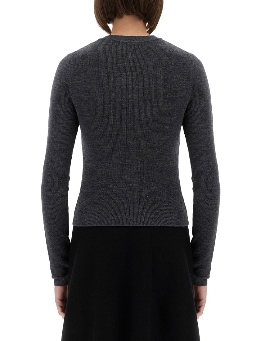 Ganni Grey Sweater With Classic Collar And Check Motif On The Front In Wool Woman In Gray