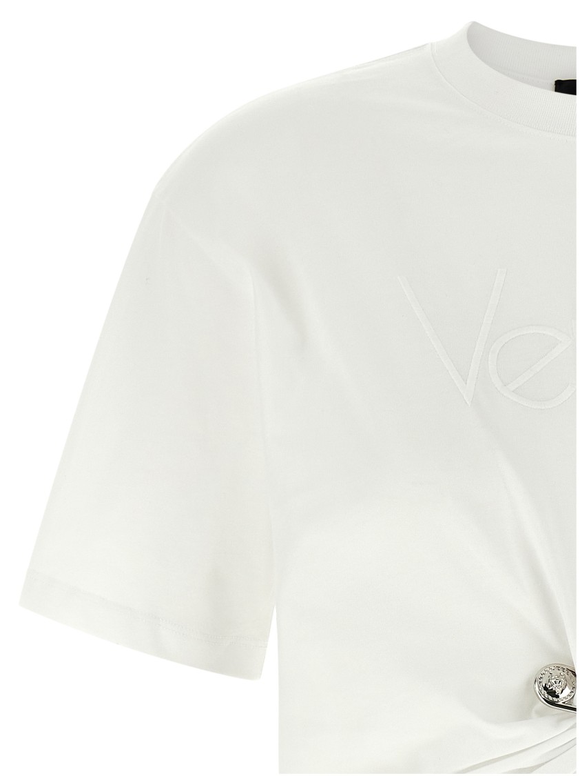Versace Cropped T-shirt With Twist Detail And Safety Pin Logo In White